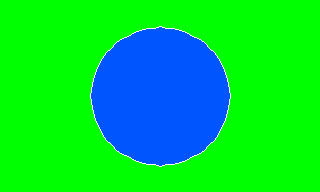 A CoCo 3 HSCREEN 2 graphics page decoded from emulator memory: a blue disc with a white outline on a bright green background, the result of the HPAINT worked example.